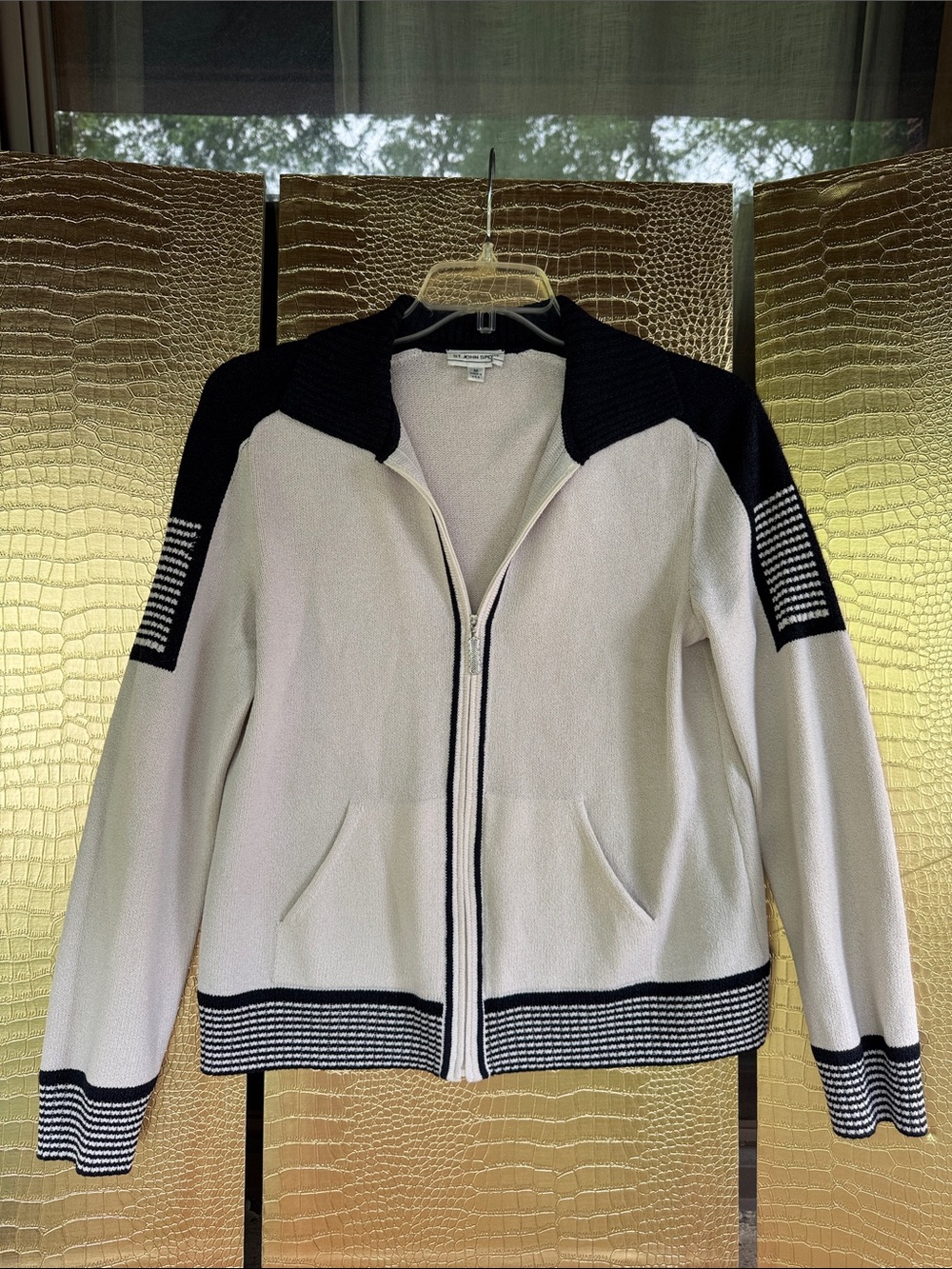 St. John Sport Knit Zip Front Jacket with Navy Trim